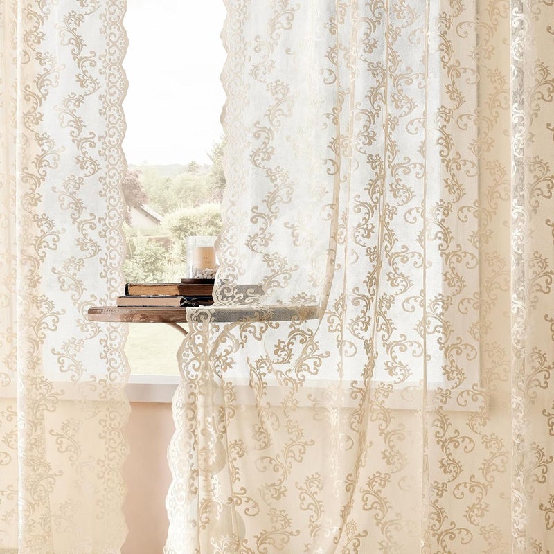 FOLKSIDE Beige Lace Vintage Paisley Floral Curtains - 54 Inch Length, 2 Panels, Rod Pocket, Light Filtering, Sheer, Neutral Drapes for Living Room & Bedroom, 52x54 - Image 4